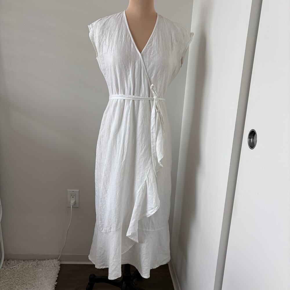 White Linen Asymmetrical Wrap Dress XS Bridal Cottage Coastal Coquette Romantic